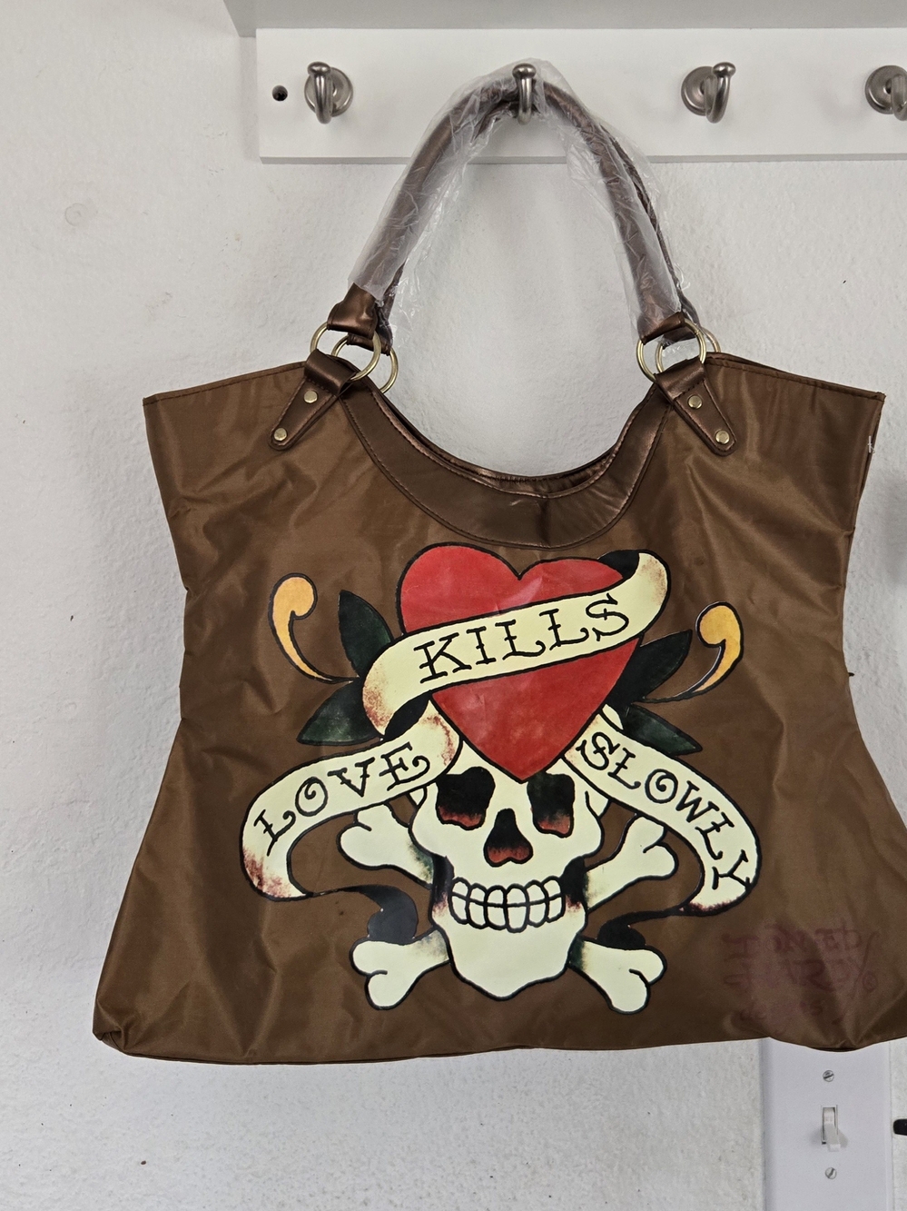 Ed Hardy Brown Tote with Red Heart & Skull Graphic